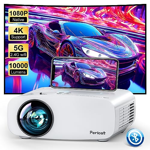 5G WiFi Bluetooth Projector, Pericat Native 1080P Movie Projector for Phone, Portable Outdoor Projector, 10000L Home Theater Video Projector, Mini Projector Compatible w/ PC, HDMI, USB, TV Stick, PS5