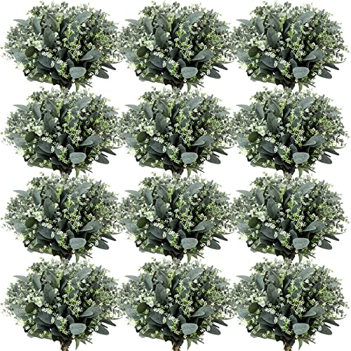 60 Pcs Mixed Eucalyptus Leaves Stems Bulk with White Seeds Artificial Silver Dollar Leaves Sprays Faux Oval Eucalyptus Leaves for Wreath Garland Floral Bouquets Arrangement Wedding Greenery Decoration