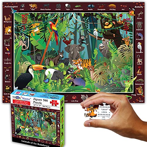 Think2Master Colorful Rainforest Jungle 500 Pieces Large Format Jigsaw Puzzle for Kids 12+, Teens, Adults & Families. Great Gift for stimulating Learning About Animals. Size: 26.8” X 18.9”