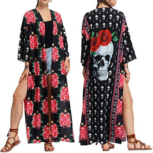 Women's Boho Floral Long Kimono Cardigans Top Casual Loose Maxi Open Front Plus Size Beach Swimsuit Cover Up