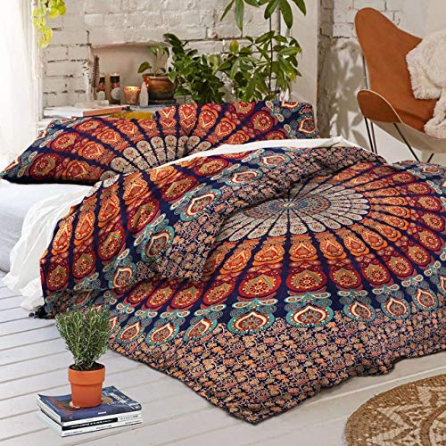Traditional Jaipur Duvet Cover Queen Size, Peacock Feather Mandala Doona Cotton Throw, Bohemian Doona Cover, Boho Quilt Cover