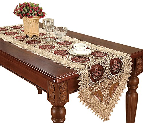 Simhomsen Embroidered Vintage Floral Lace Burgundy Table Runner 16 × 72 Inch