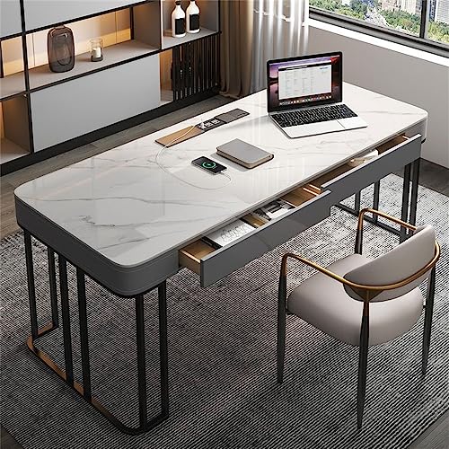 LAKIQ Slate Stone Rectangular Office Desk with 2 Drawers Modern Executive Desk Computer Desk Home Writng Working Desk-Table Only-Without Chair(White,70.9' L x 25.6' W x 29.9' H)
