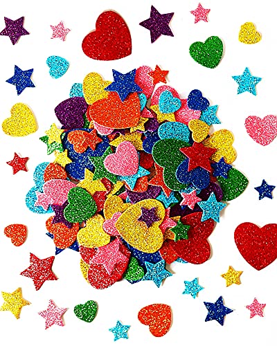 Natonhi 450 Pieces Colorful Glitter Foam Stickers Self Adhesive Heart Stickers Mini Star Shapes Glitter Stickers, Kid's Arts Craft Supplies Greeting Cards Foam Heart and Star Stickers