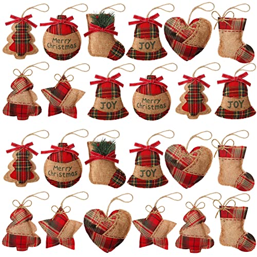 24 Pcs Burlap Christmas Ornaments 2022 Set Mini Stockings Funny Christmas Tree Ornaments Rustic Christmas Decorations Red Plaid Tartan Hanging Decoration Stocking Ball Tree Bell, 8 Styles (Fresh)