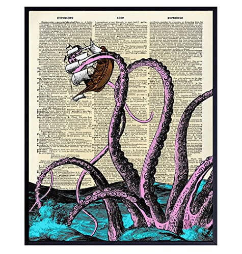 Octopus Sea Monster Dictionary Wall Art, Home Decor - Vintage Art Print, Poster- Unique Rustic Room Decorations for Bathroom, Beach House - Gift for Steampunk and Nautical Fans, 8x10 Photo Unframed