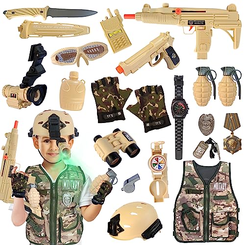 20 Piece Army Costume for Kids, Soldier Military Dress up for Boys 3-10, Kids Army Gear Role Play, Halloween Costume Camouflage Set with Vest, Camo Gloves, Helmet, Halloween Christmas Gift for Kids…