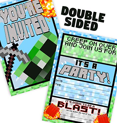 POP parties Pixel Party Invitations - 12 Invitations + 12 Envelopes - DOUBLE SIDED - Video Game Invitations - Game Truck Party Supplies - Brights 12ct