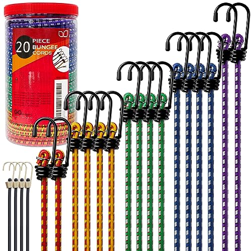 GOEASY0312 Premium Bungee Cords Heavy Duty - 20 Piece Bungee Cords with Hooks in A Storage Jar Includes 10', 18', 24', 30', 36', 48' Bungie Cord Bundle
