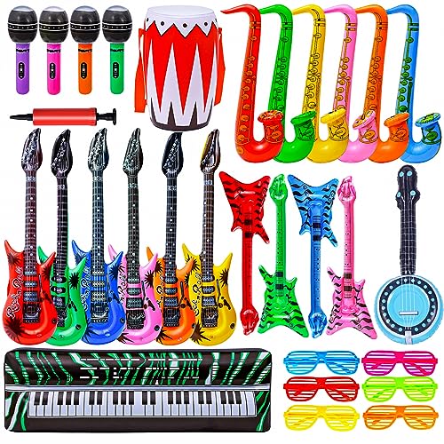 Max Fun Inflatable Rock Star Toy Set, 30 PCS 80s 90s Party Decorations Inflatable Party Props Musical Instrument Blow up Guitar Inflate Rock Band for Carnival Party Favors Rock and Roll Party Supplies