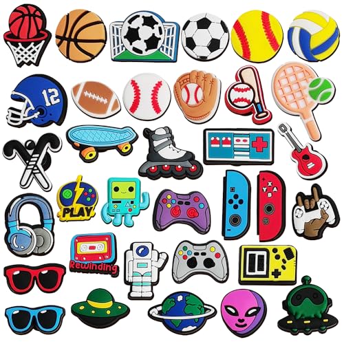 IOKUKI Shoe Charms, 35 PCS, for Teens, Basketball Football Soccer Volleyball Baseball, Video Game, Astronaut and Sports Pins