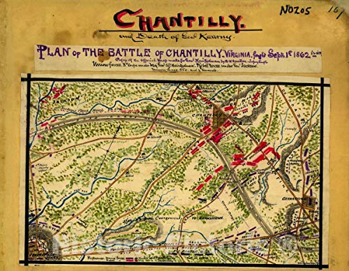 Historic 1862 Wall Map - Plan of The Battle of Chantilly, Virginia. Fought Septr. 1st 1862, 5 to 10 PM. 24in x 18in