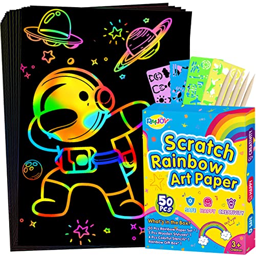 RMJOY Rainbow Scratch Paper Sets: 60pcs Magic Art Craft Scratch Off Papers Supplies Kits Pad for Age 3-12 Kids Girl Boy Teen Toy Game Gift for Birthday|Party Favor|DIY Activities|Painting Game Gift