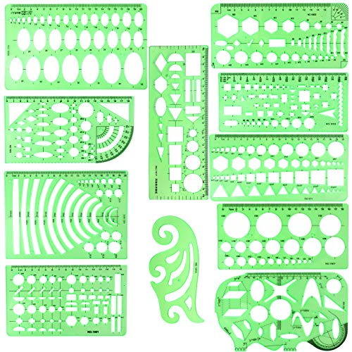 11PCS Geometric Drawings Templates, Drafting Stencils Measuring Tools, BetyBedy Plastic Clear Green Ruler Shapes with a Zipper Bags for Architecture, Office, Studying, Designing and Building
