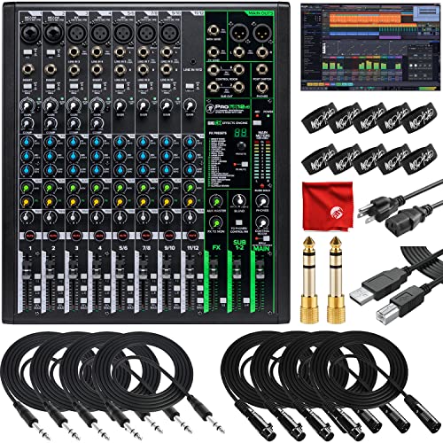 Mackie ProFX12v3 12-Channel Unpowered Mixer USB Bundle with Waveform OEM DAW, 4x Mophead 10-Foot TRS Cable, 4x 10-Foot XLR Cable, 2x 1/4' to 3.5mm Adapter, 10x Cable Ties and Microfiber Cloth