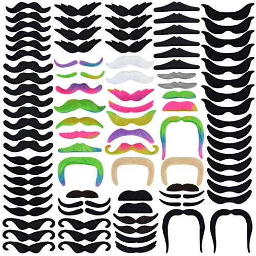 96pcs Fake Mustaches Self Adhesive Novelty Fake Mustache, Black Costume Mustache Colorful Fake Beards Mustache for Mustache Party Halloween Festival Performance Supplies Photo Decorations,16 Style