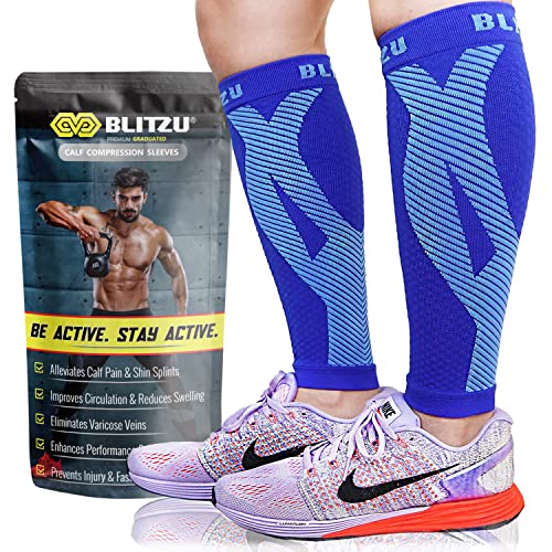BLITZU Calf Compression Sleeves for Men and Women. Footless Compression Socks Support for Varicose Vein, Nursing, Running. Leg Sleeve Brace for Shin Splints, Pain Relief & Reduces Swelling Blue L-XL