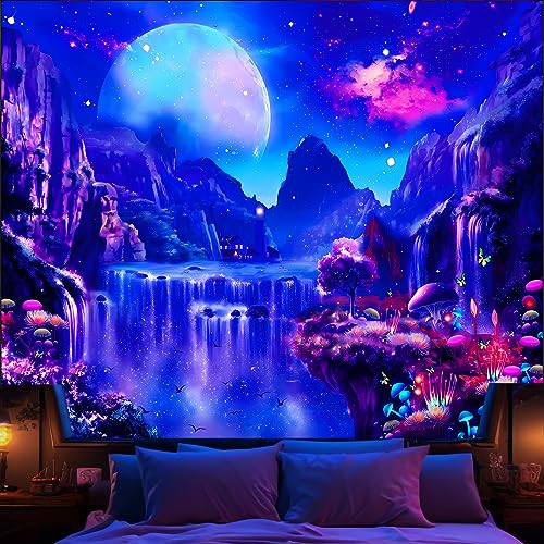 Avinyl Blacklight Space Tapestry for Bedroom, Black Light Moon and Mushroom Large Tapestries 60' x 79', Glow In The Dark Fantasy Waterfall Landscape Wall Hanging for Living Room Dorm Decor