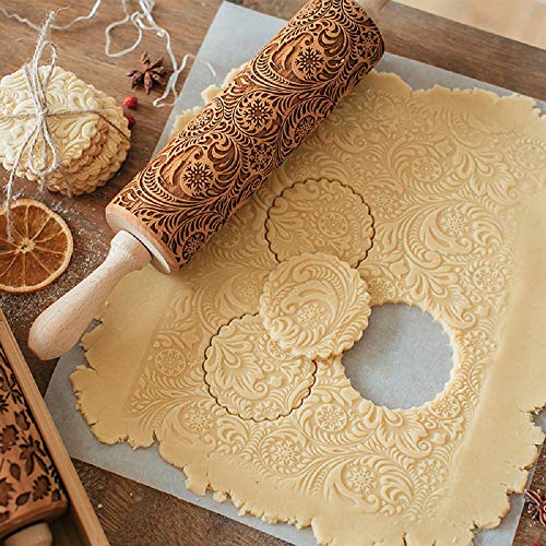 rolling pins for baking,embossed pin, Engraved Embossing Rolling Pin Kitchen Decor Tools Baking Embossed Cookies,Birthday Gifts Women, Gift Women,Mom Birthday Gift(Flower)