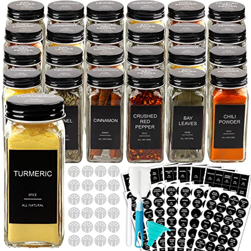AISIPRIN 24 Pcs Glass Spice Jars with 398 Labels, 4oz Empty Square Containers Seasoning Bottles - Shaker Lids, Funnel, Brush and Marker Included(Black Metal Caps)