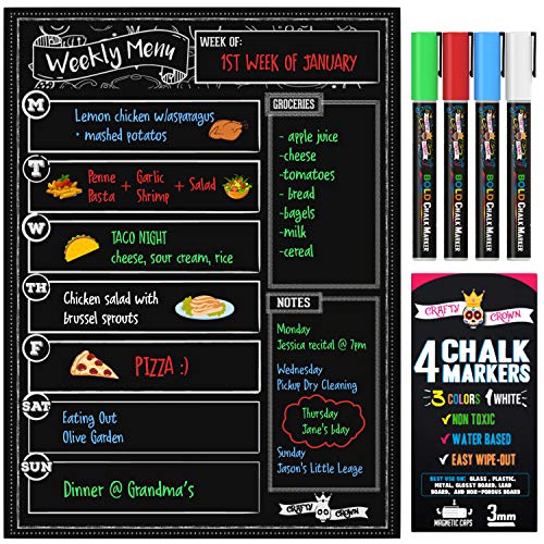 Magnetic Dry Erase Menu Board for Fridge Includes 4 Liquid Chalk Markers - Weekly Meal Planner Blackboard, Grocery List and Notepad for Kitchen Refrigerator - Chalkboard Magnet