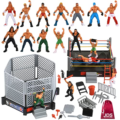JDS Toy Store 32-Piece Mini Wrestling Playset with Action Figures and Accessories - Kids Toy with Realistic Wrestlers - 2 Rings Included
