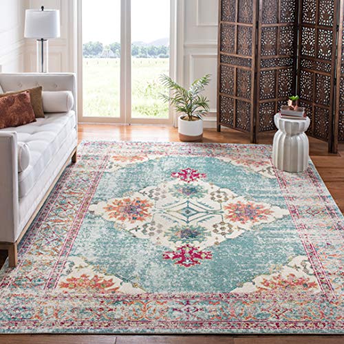 SAFAVIEH Crystal Collection Area Rug - 8' x 10', Cream & Turquoise, Boho Chic Medallion Distressed Design, Non-Shedding & Easy Care, Ideal for High Traffic Areas in Living Room, Bedroom (CRS522K)