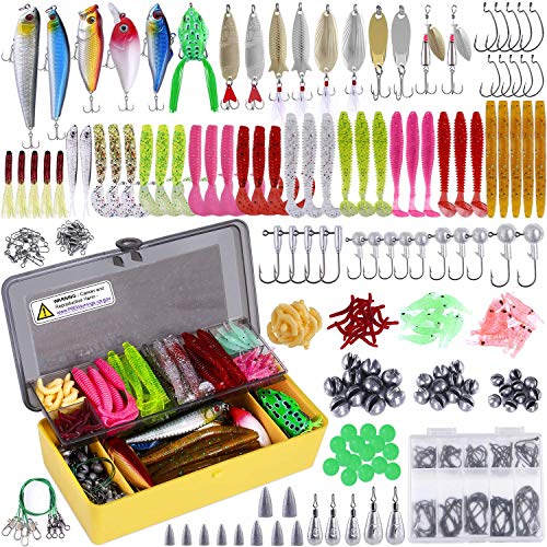 PLUSINNO Fishing Lures Baits Tackle Including Crankbaits, Spinnerbaits, Plastic Worms, Jigs, Topwater Lures Box and More Fishing Gear Lures Kit Set, 102/302Pcs