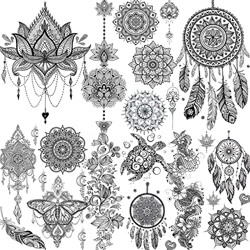 6 Sheets FANRUI Black Henna Temporary Tattoos For Women Lace Mehndi Mandala Flower Tatoos Ink Large Waterproof Lotus Fake Jewelry Pendant Butterfly Tattoo Stickers Kit Wedding Dreamcatcher Feather