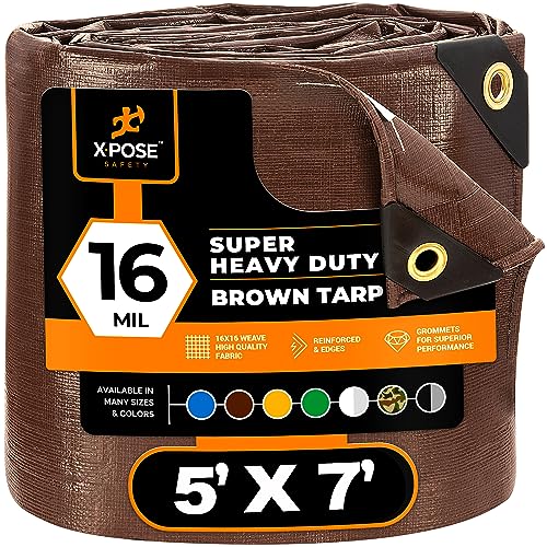 Super Heavy Duty 16 Mil Brown Poly Tarp Cover - Thick Waterproof, UV Resistant, Rip and Tear Proof Tarpaulin with Grommets and Reinforced Edges - by Xpose Safety (5' x 7')