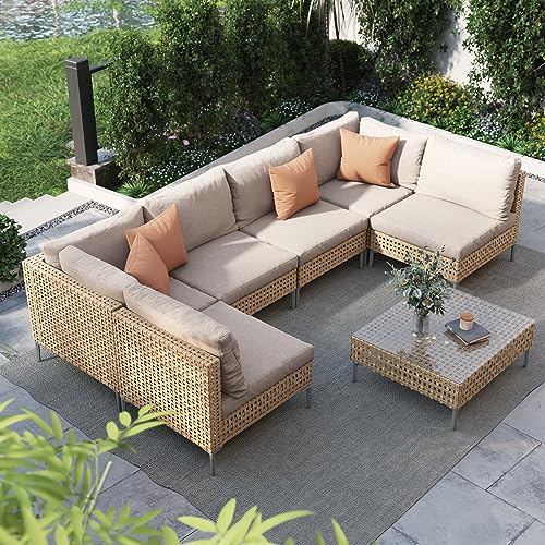 Grand patio 7-Piece Wicker Patio Furniture Set, All-Weather Boho Outdoor Conversation Set Sectional Sofa with Water Resistant Beige Thick Cushions and Coffee Table