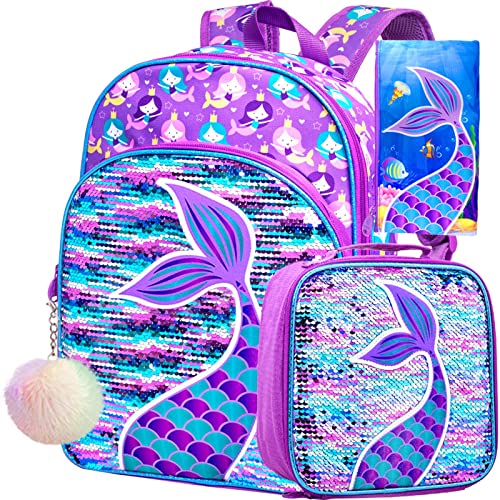 AGSDON 3PCS Kids Backpacks for Girls, 16' Little Kid Mermaid Sequin Preschool School Bookbag and Lunch Box