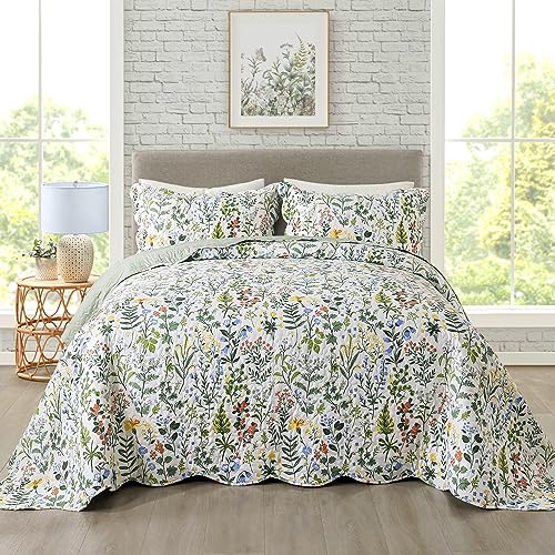 Travan 3-Piece Quilt Set Quilted Bedspread Lightweight Coverlet Set Garden Style Floral Printed Oversized Quilted Bedding Set with Shams for All Season, Exquisite, Queen Size