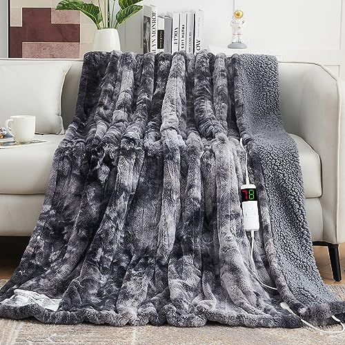 OCTROT Heated Electric Throw Blanket (50''*60' Dark Grey), Faux Fur Sherpa Heating Blanket, Thick Soft Warming Plush Electric Lap Blanket for Adults with 5-Position Timer &10 Heating Levels