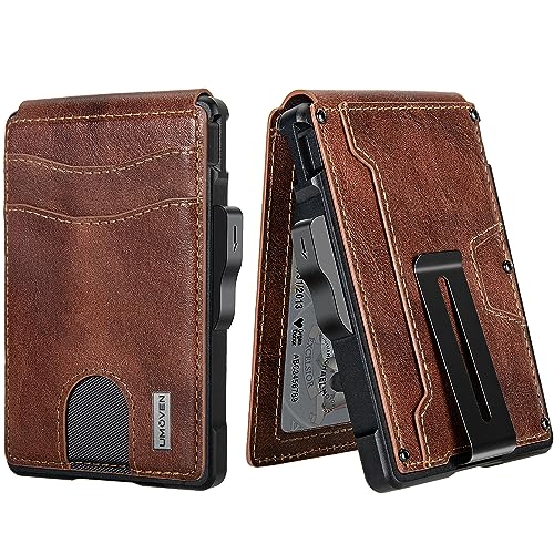 umoven Wallet for Men - with Money Clip Slim Leather Slots Credit Card Holder RFID Blocking Bifold Minimalist Wallet with Gift Box (Top Layer Leather-Brown Red)