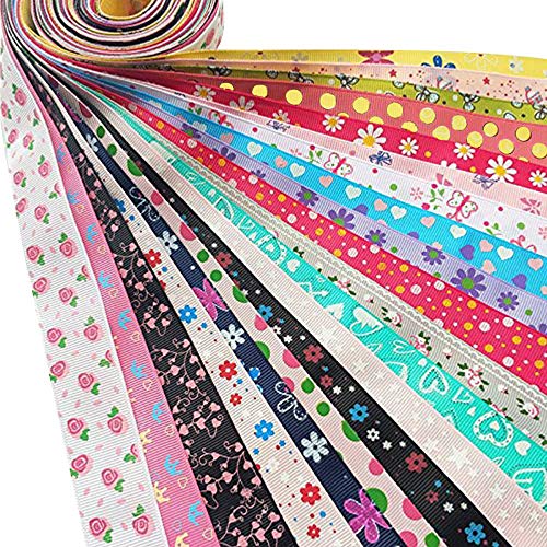 Dandan DIY Assorted 20 Yards Grosgrain Ribbon Bow Daisy Butterfly Cake Love Heart Dots Flower Rose Smile Face Craft DIY Packing Hair Bow Accessory