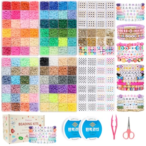 Petoss 6 Boxes Friendship Bracelet Kit,96 Colors 16680 Pcs Clay Beads,1188 Pcs Letter Beads,120 Pcs Number Beads and 470 Pcs Gold Charms Kit for Bracelets Making, Jewelry Craft Kits Gift