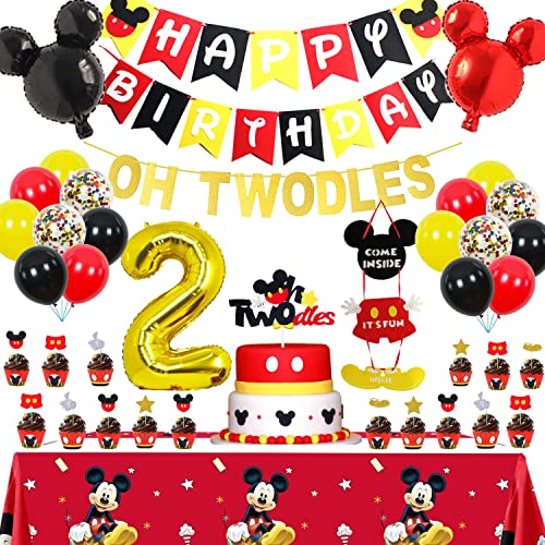 Mickey Mouse 2nd Birthday Party Supplies Oh Twodles Theme Party Decorations Includes Felt Banner,Welcome Hanger Door Sign, Tablecloth,Cake Cupcake Toppers,Mickey Head Balloons, 12 Latex Balloon,