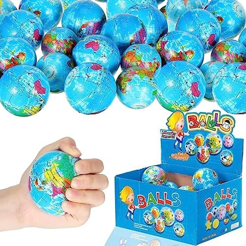 24 Pack - Mini Soft Foam Earth Squeeze Balls, 2.5' Toy Stress Relief Bulk Educational Novelties for Kids, School, Classroom, Party Favors, Rewards (Globe (2.5'))