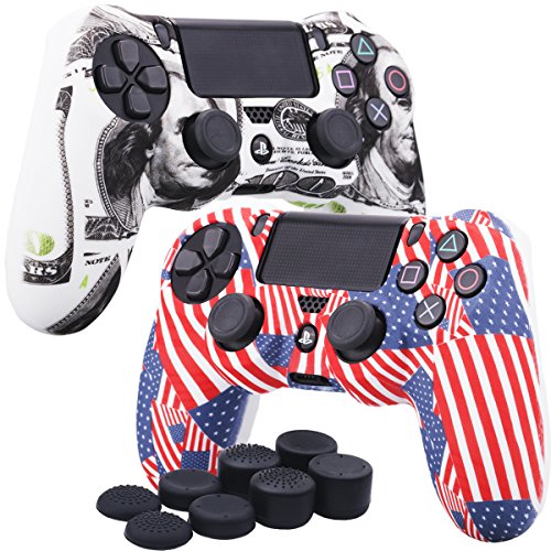 YoRHa Water Transfer Printing Camouflage Silicone Cover Skin Case for Sony PS4/slim/Pro Dualshock 4 Controller x 2(US Flag+US Dollar) with Pro Thumb Grips x 8