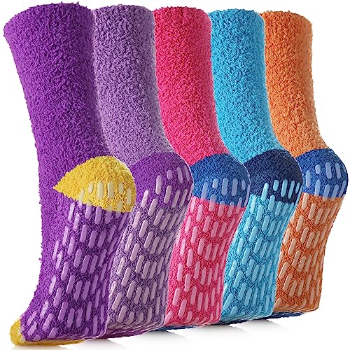 SDBING Non Slip Socks Fuzzy Socks with Grips for Women Hospital Socks with Grips for Women Slipper Socks (5 Pairs Multi-color A)