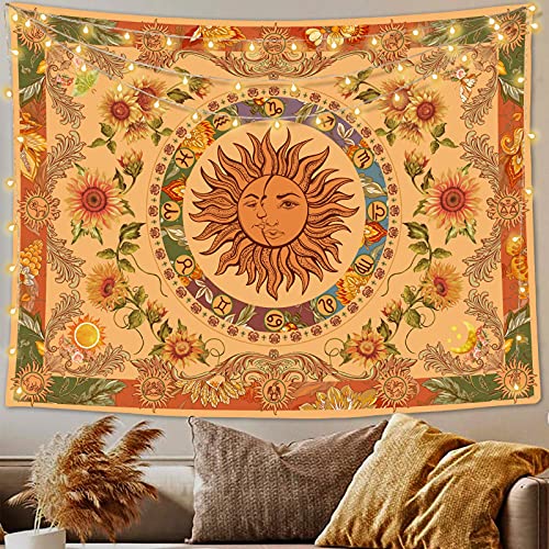 Accnicc Yellow Sun and Moon Tapestry Vintage Indie Boho Wall Hanging with Sunflowers Butterfly Moth Constellation Aesthetic Tapestries for Bedroom Dorm Living Room (Orange, 36'' × 48'')
