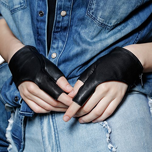 FIORETTO Womens Genuine Leather Fingerless Gloves Driving Half Finger Gloves Unlined Sheepskin Gloves Black Large