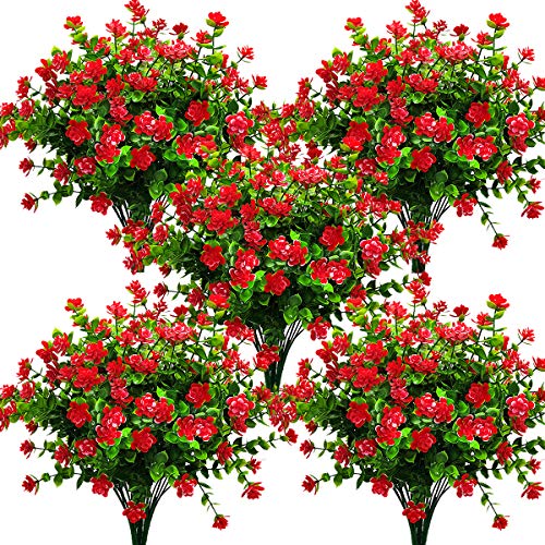 Grunyia 10 Bundles Artificial Fake Flowers, Faux Outdoor Plastic Plants UV Resistant Shrubs Outside Indoor Decorations (Red-Eucalyptus)