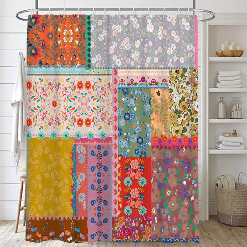 Lofaris Boho Patchwork Shower Curtains for Bathroom Bohemian Style Stitching Colorful Floral Vintage Retro Shower Curtains Bathtubs Waterproof Fabric Curtain Set Decor with 12 Hooks 72x72 Inches