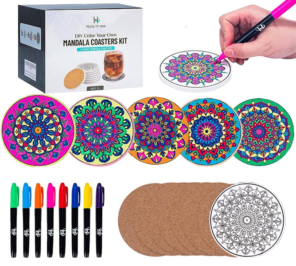 Hula Home Color Your Own Coaster Mandalas w/Markers | 8 Absorbent Ceramic Tiles w/Cork Base | Gift Arts and Crafts DIY Kit for Adults, Hobby, Teens, Seniors, Women, Elderly