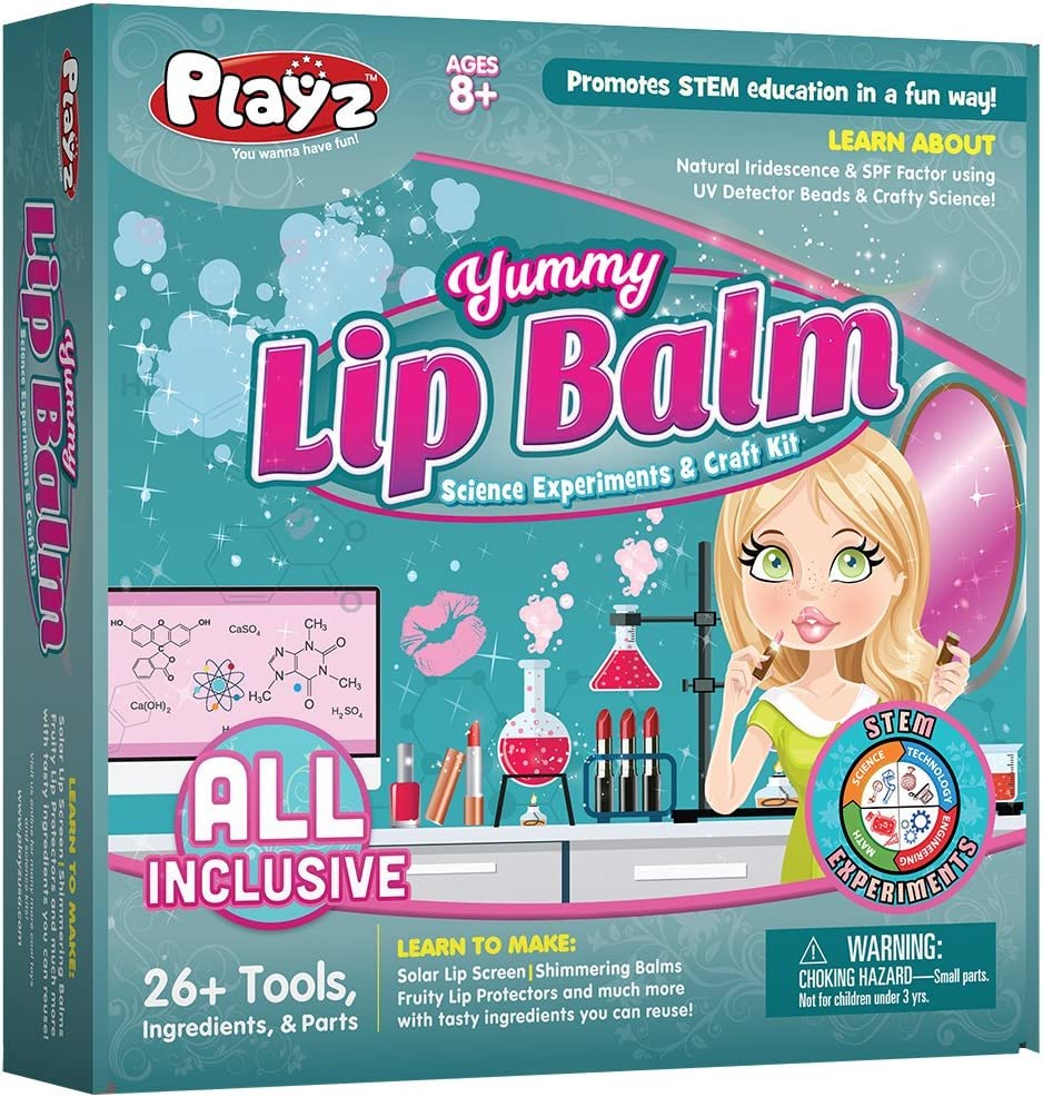 Playz Yummy Lip Balm Makeup Arts & Craft Kit to Create Fruity Lipstick, Shimmering Balms, & Solar Lip Screens Using Science Experiments for Girls, Teens, Teenagers & Kids Ages 8+