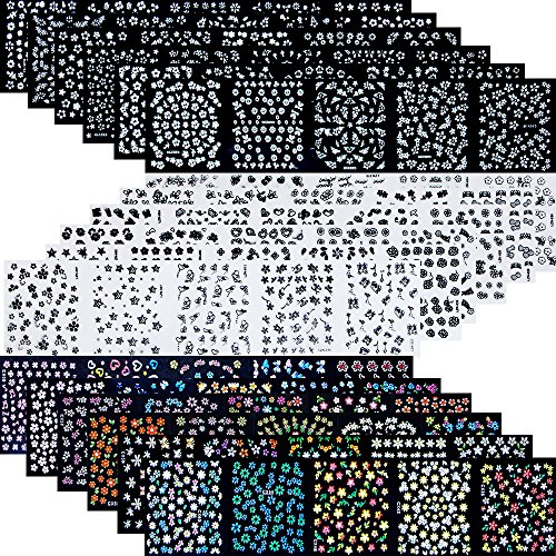 4500 Pieces Flowers Nail Stickers Kit 90 Sheets 3D Mini Nail Art Stickers Black White Colorful Various Patterns Flower Decals Self-Adhesive False Sticker for Women DIY Decor Birthday Party Favors Gift