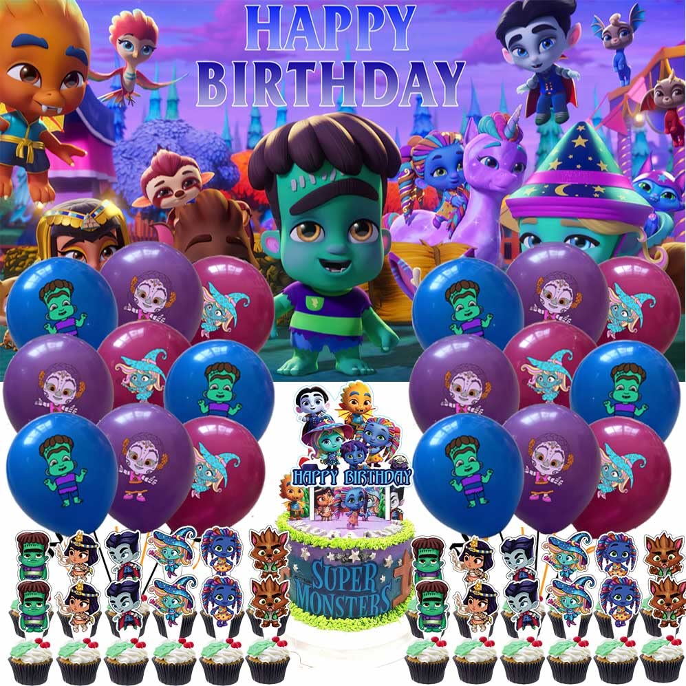 Super Monster Party Supplies Decorations Birthday Cake Topper Banner Decor Backdrop Balloons
