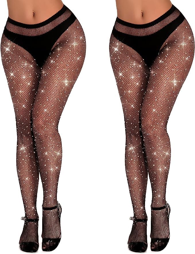 Buauty 2 pcs Sparkly Fishnet Stockings For Women,Rhinestone Fishnets Tights, Fishnet Tights Plus size, Fish Nets Fits All1